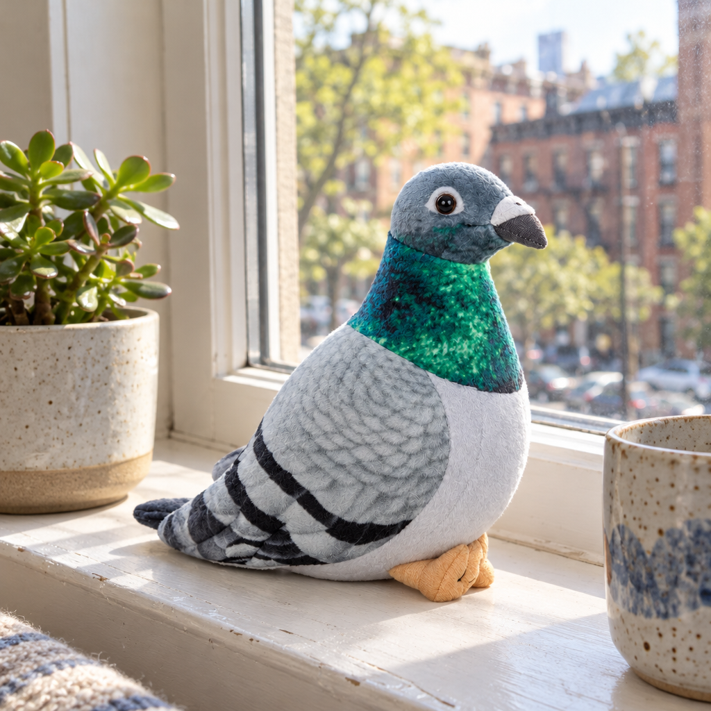 Lifelike pigeon plush standing on a sunny windowsill next to a succulent