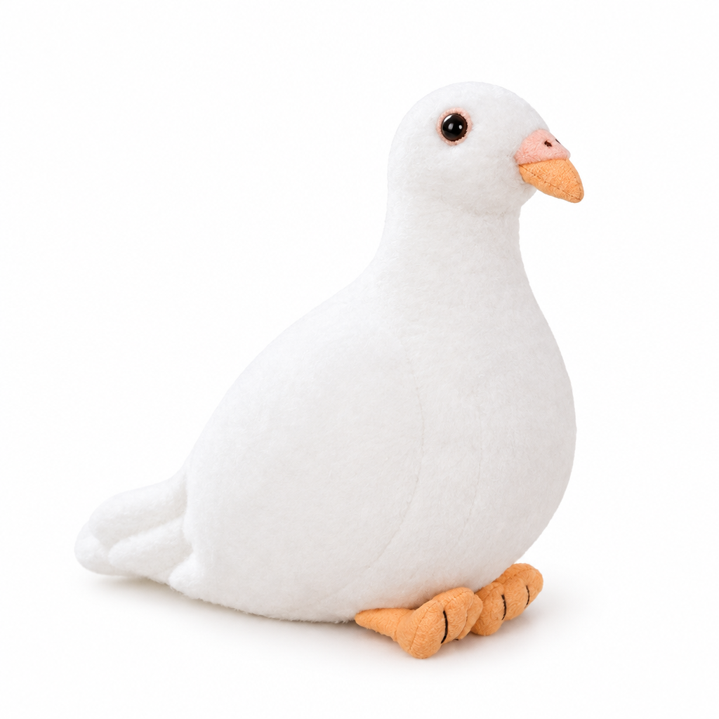 Lifelike white dove plush on a white background