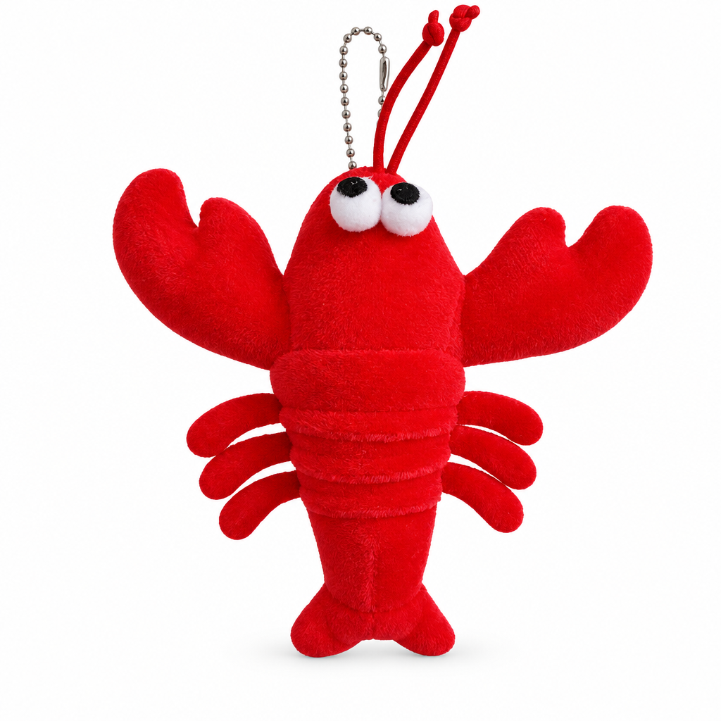 Red lobster plush keychain with a ball chain on a white background