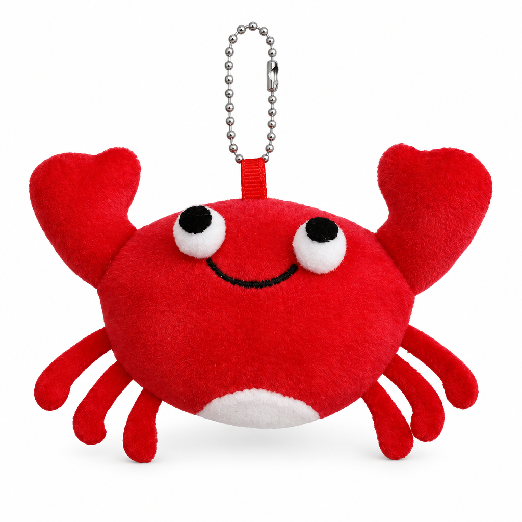 Red crab plush keychain with a ball chain on a white background