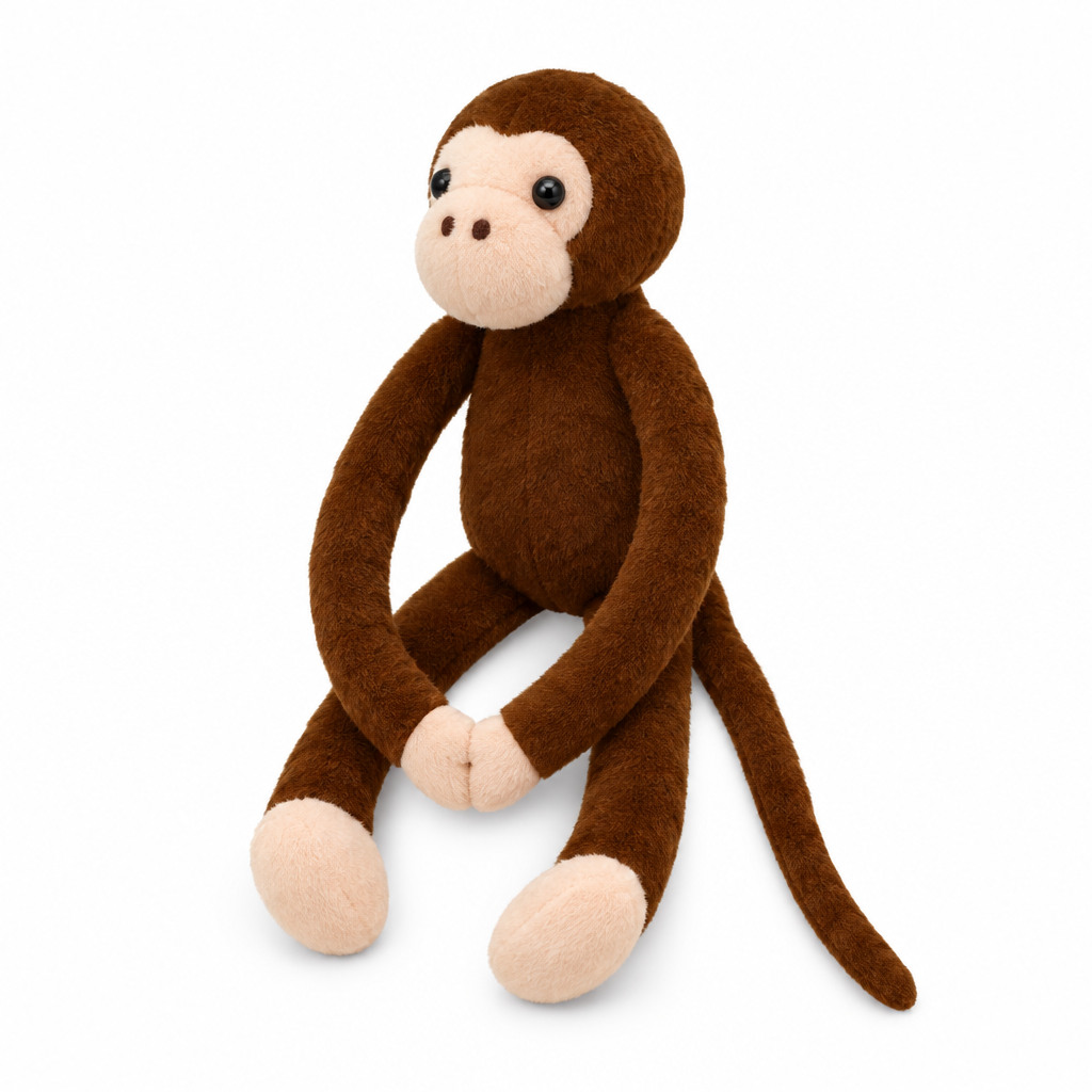 Brown long arm monkey plush with a beige face on a white background