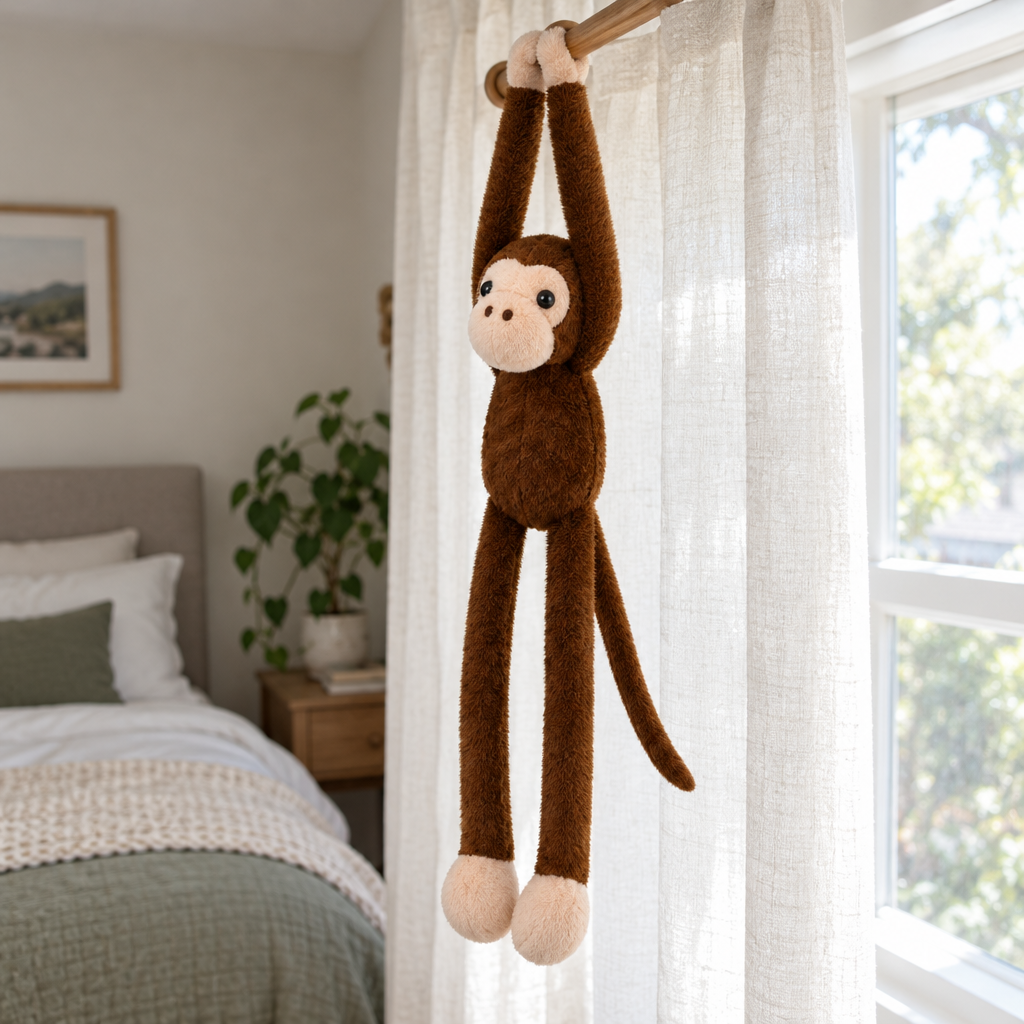 Brown long arm monkey plush hanging from a curtain rod by a window