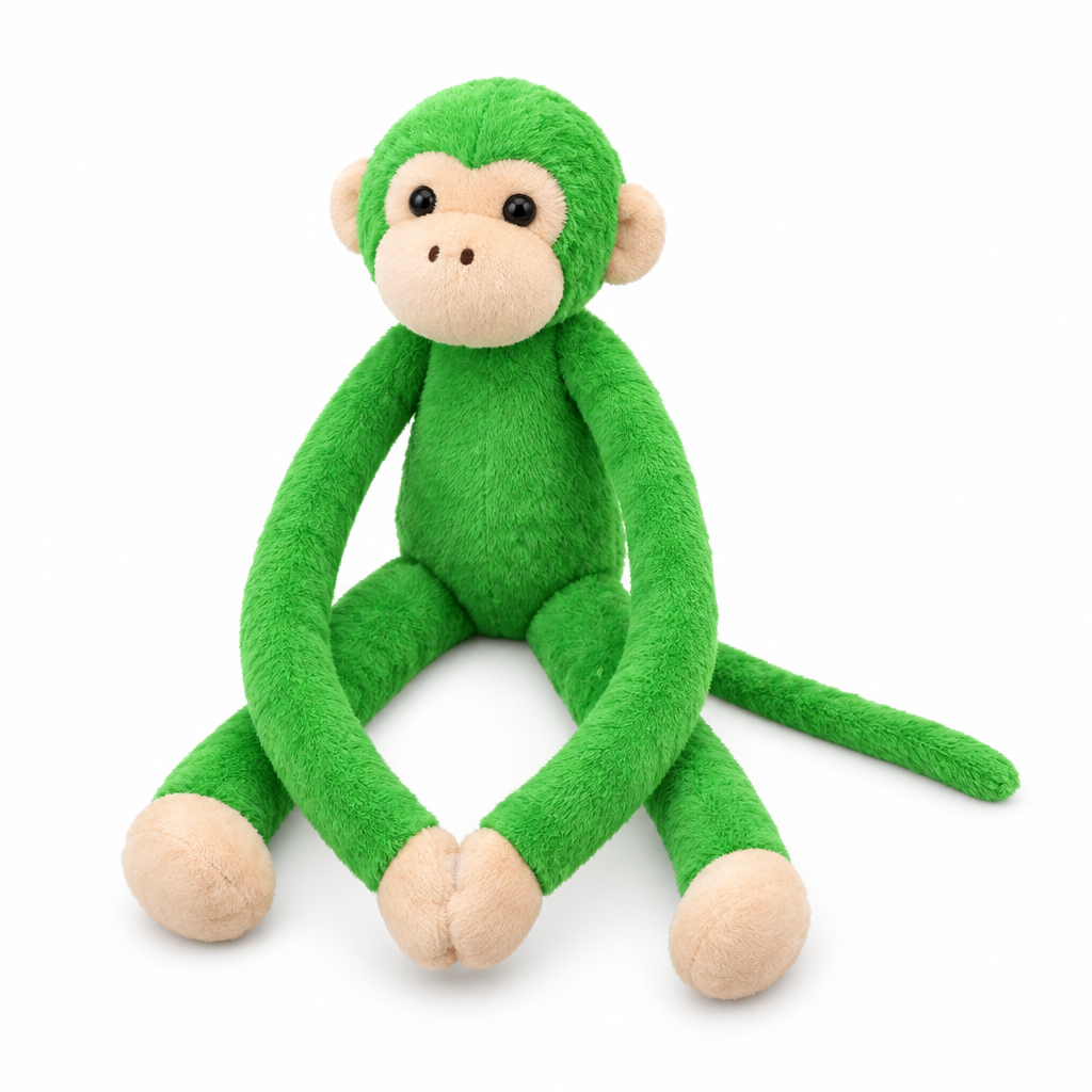 Green long arm monkey plush with a beige face on a white background