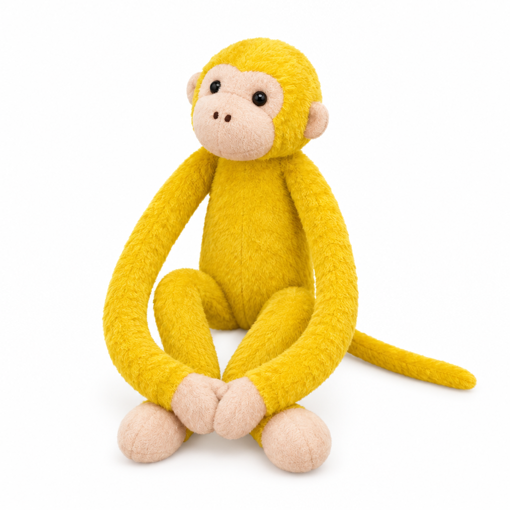 Yellow long arm monkey plush with a beige face on a white background