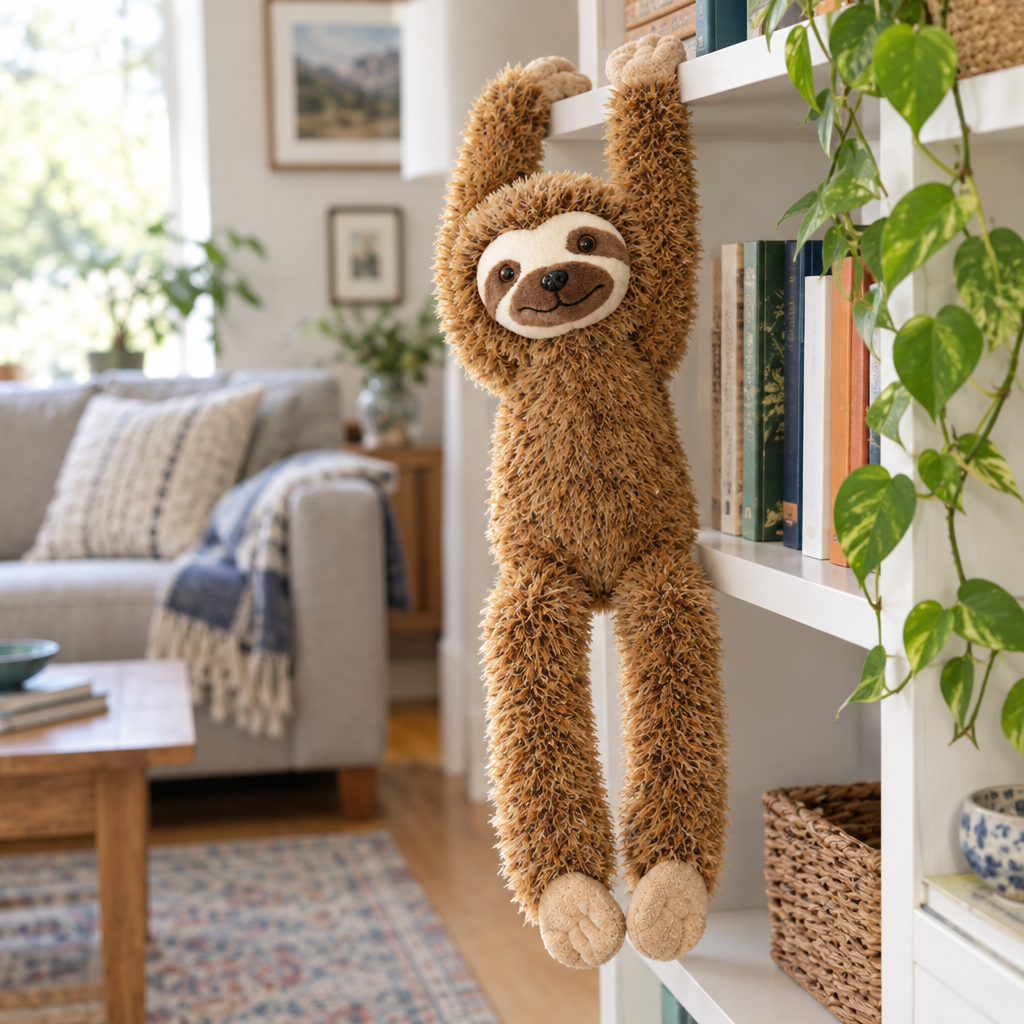 Brown long arm sloth plush hanging from a bookshelf by its arms