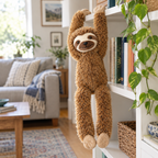Brown long arm sloth plush hanging from a bookshelf by its arms