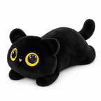Long black cat plush pillow lying on its belly with amber eyes on a white background