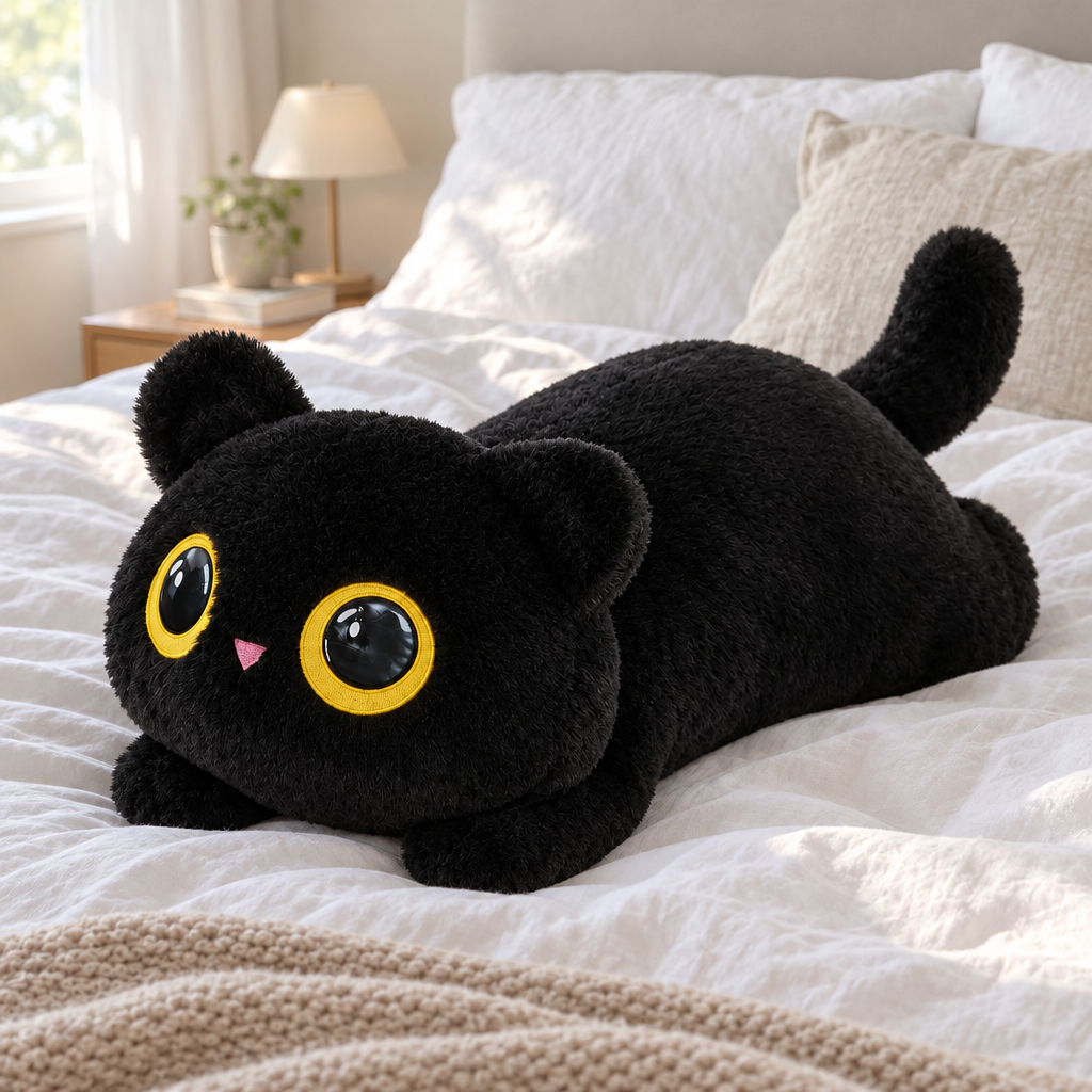Long black cat plush pillow lying across a made bed with linen bedding