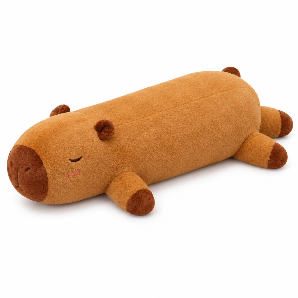 Long caramel capybara plush pillow on a white background