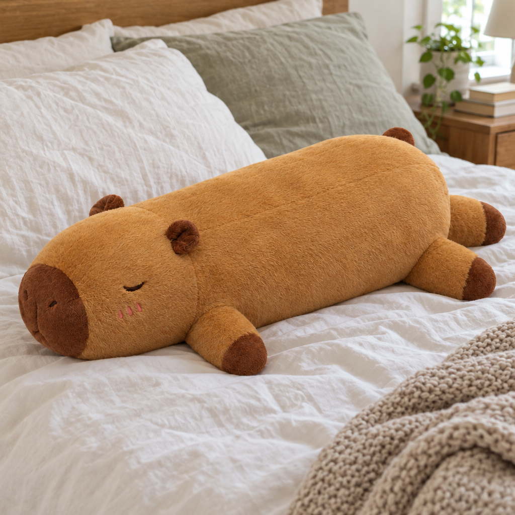 Long capybara plush pillow lying across a made bed with linen bedding