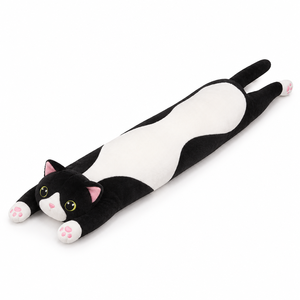 Long black and white cat plush on a white background