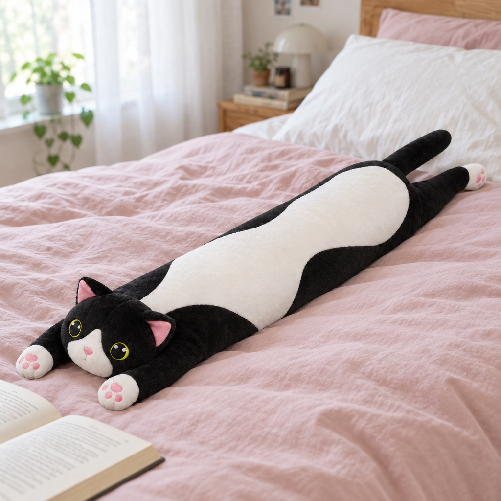 Long black and white cat plush stretched out on a made bed