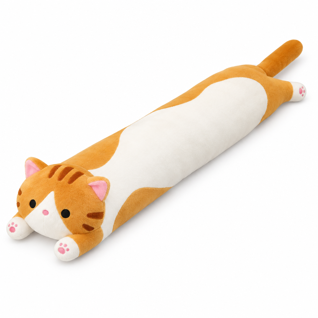 Long orange and white cat plush on a white background