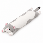 Long gray and white cat plush on a white background