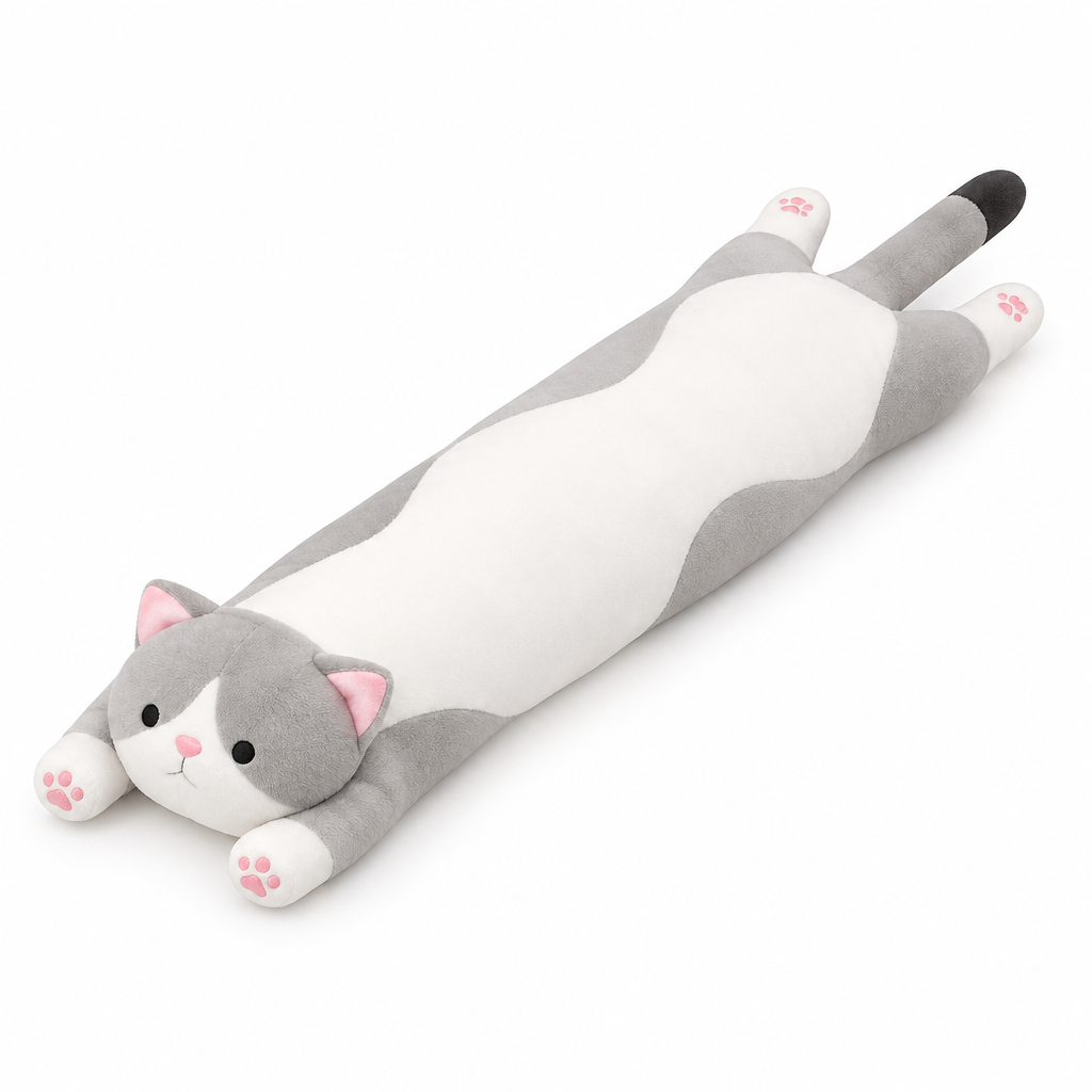 Long gray and white cat plush on a white background