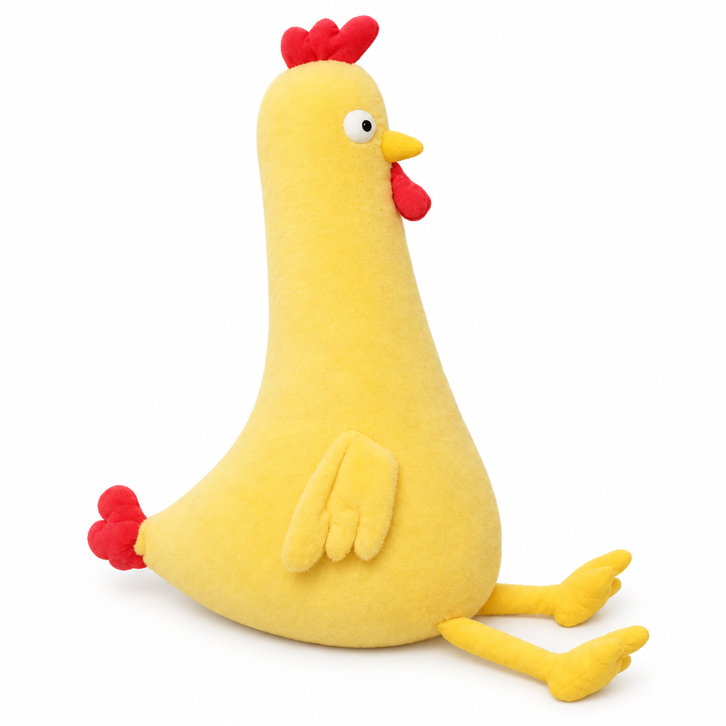 Long yellow chicken body pillow plush on a white background