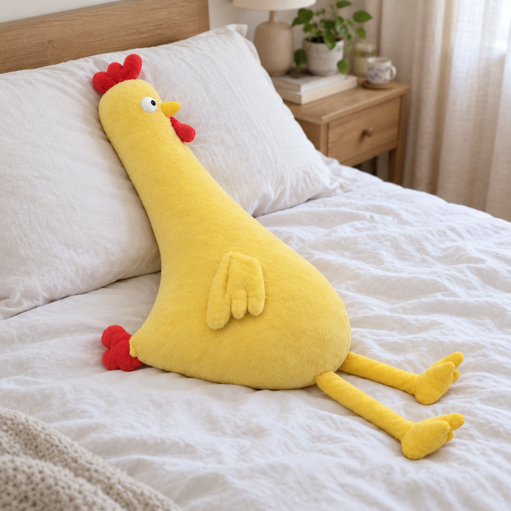Long yellow chicken body pillow resting against a pillow on a made bed
