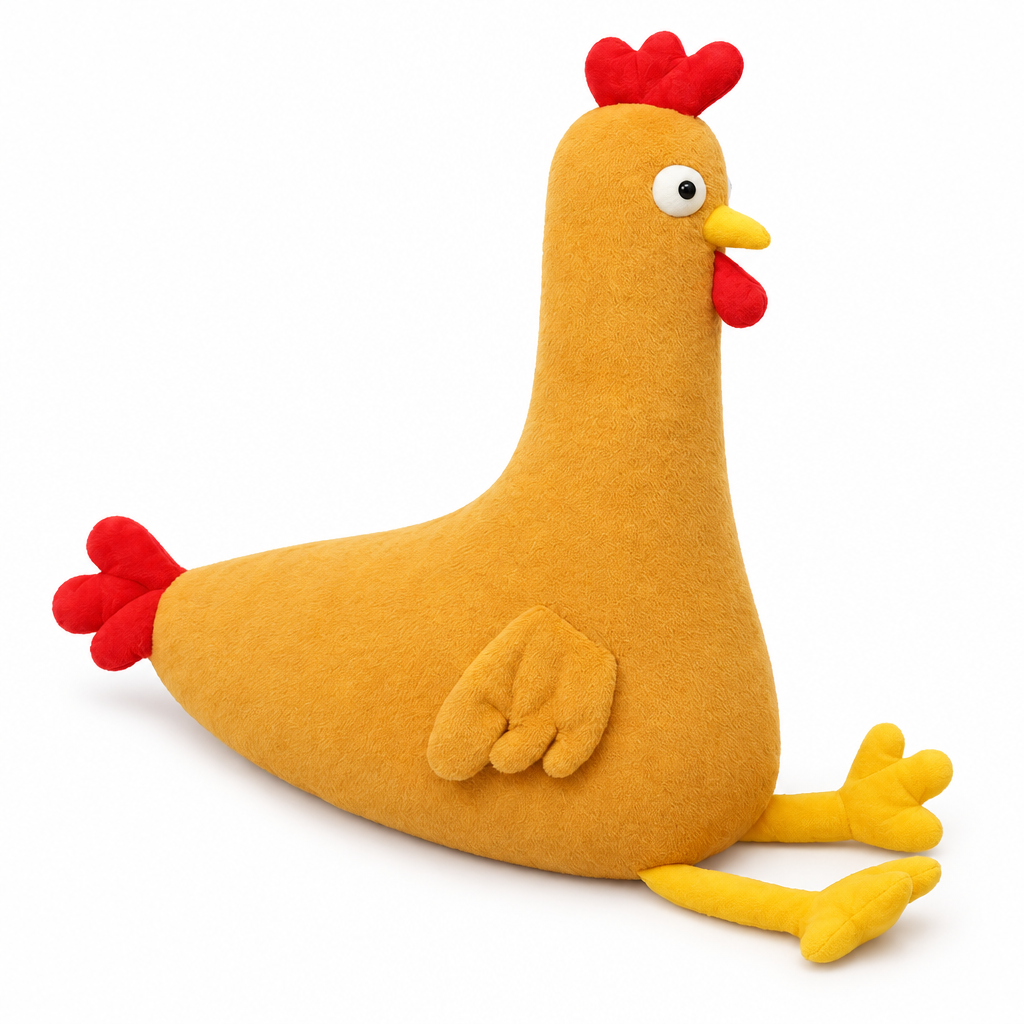 Long golden brown chicken body pillow plush on a white background