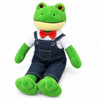 Green long-legged frog plush in denim overalls and a red bow tie on a white background