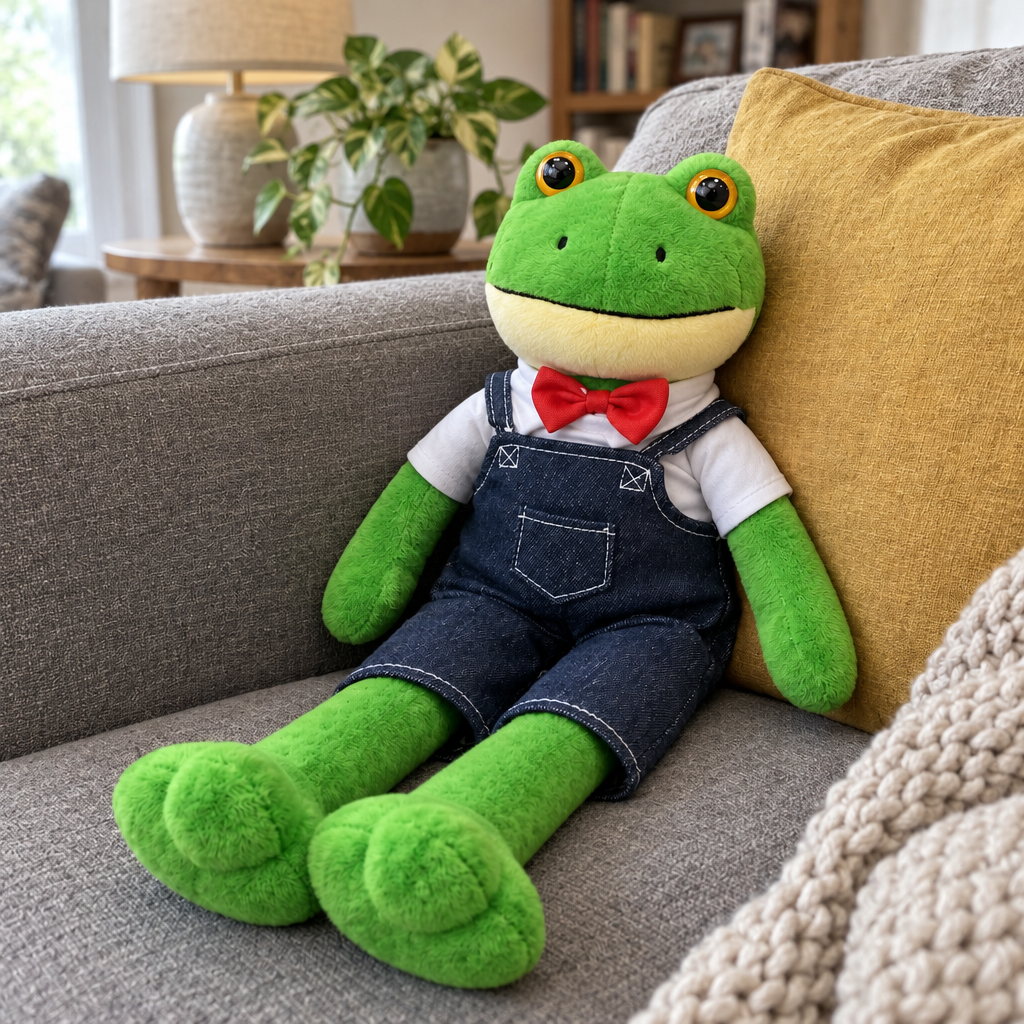 Frog plush in overalls sitting on a gray sofa with its long legs stretched out