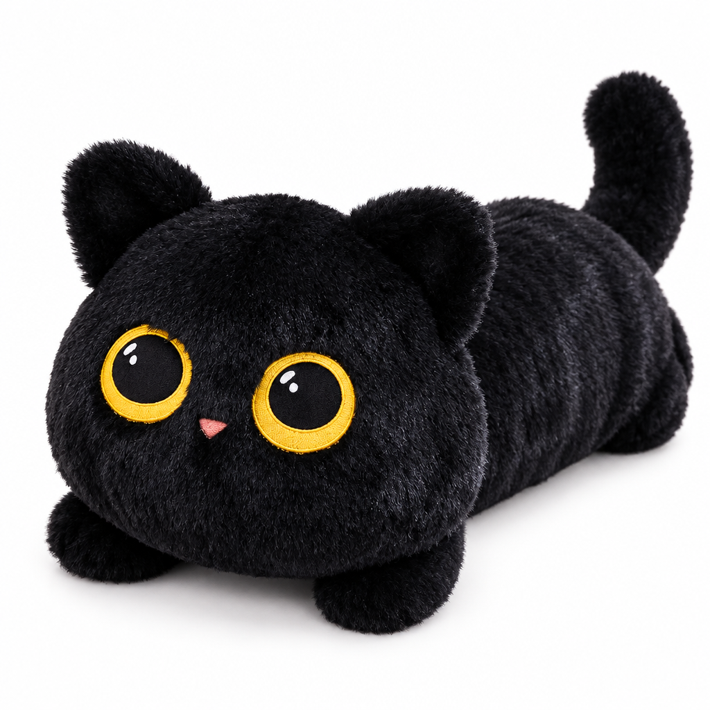 Big black lying cat plush with golden eyes on a white background