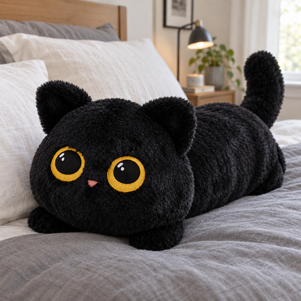 Big black lying cat plush stretched out on a made bed