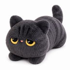 Big charcoal gray lying cat plush with sleepy eyes on a white background