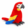 Red macaw parrot plush with yellow and blue wings on a white background