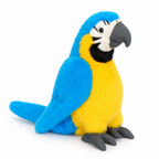 Blue and yellow macaw parrot plush on a white background