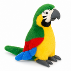 Green and yellow macaw parrot plush with red and blue wings on a white background