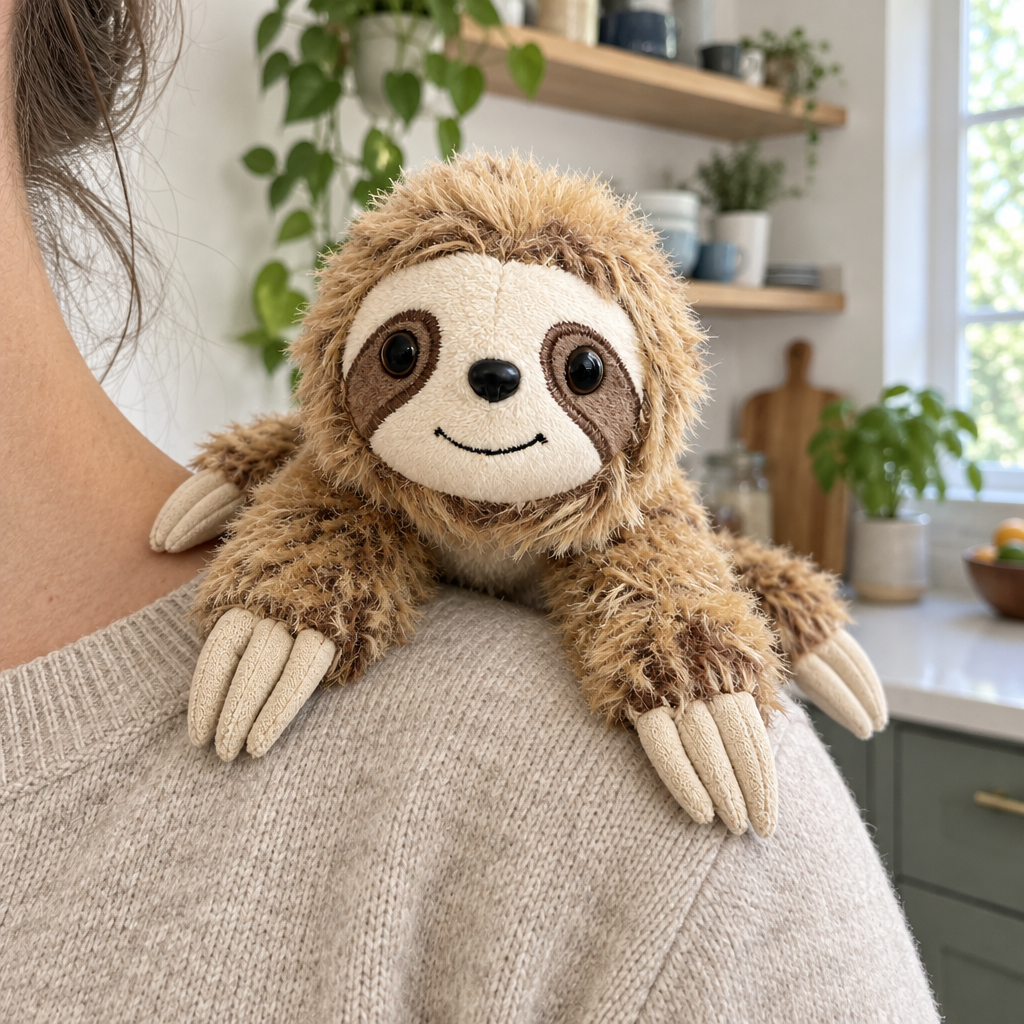 Realistic sloth plush perched on an adult’s shoulder in a knit sweater