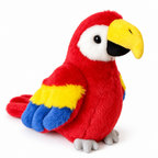 Small red macaw shoulder plush on a white background