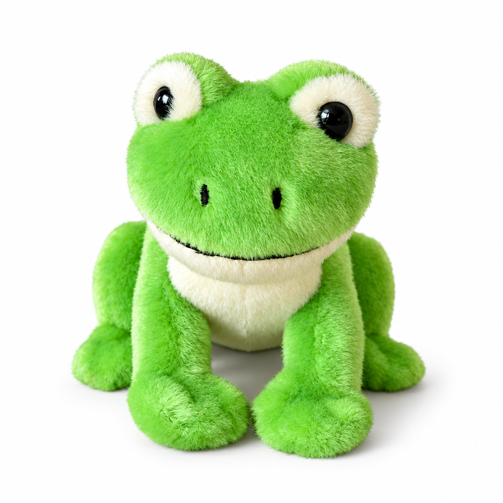 Small green frog shoulder plush on a white background