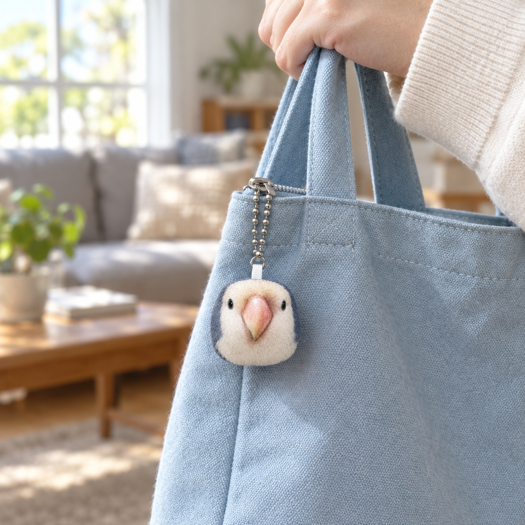 Tiny white lovebird plush keychain hanging from a blue tote bag zipper