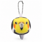 Yellow cockatiel plush bird head keychain with orange cheeks on a white background