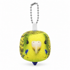 Green budgie plush bird head keychain with striped sides on a white background