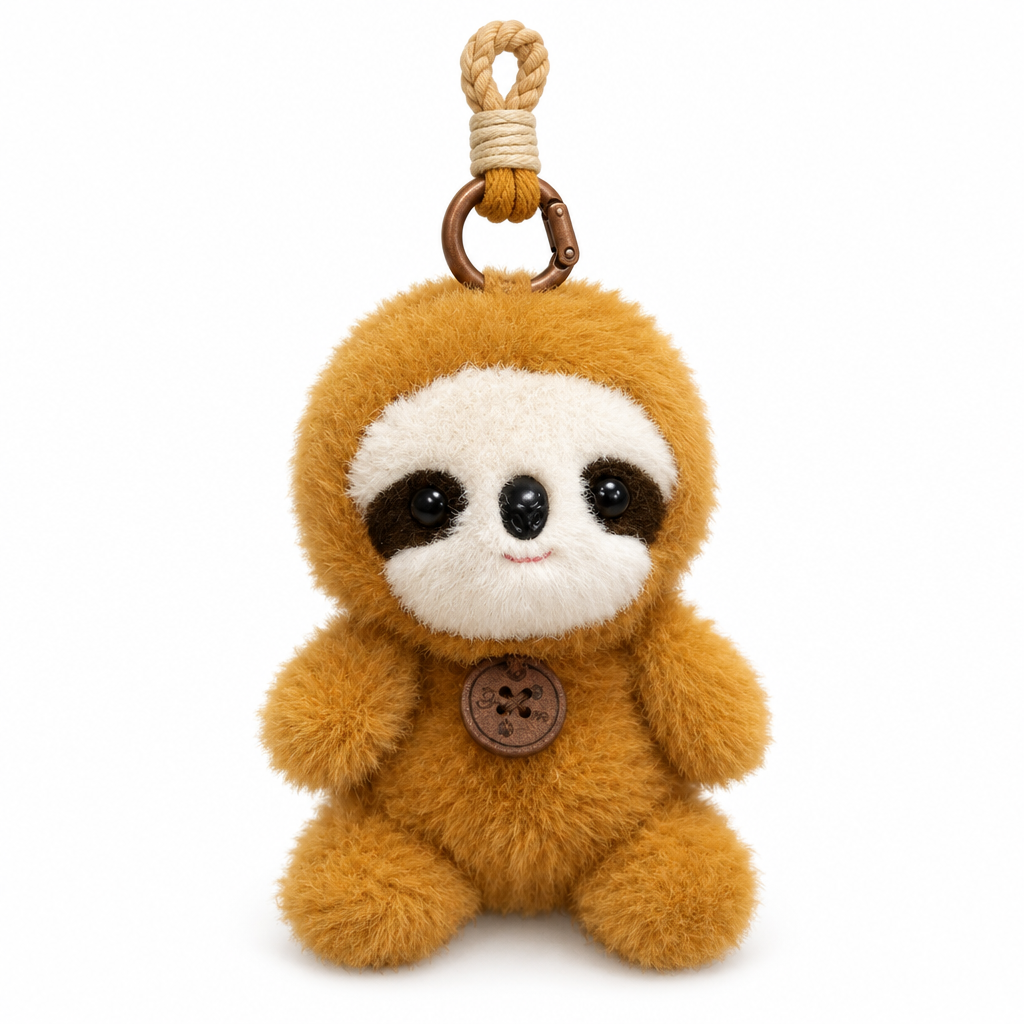 Fluffy sloth mini plush keychain on a white background