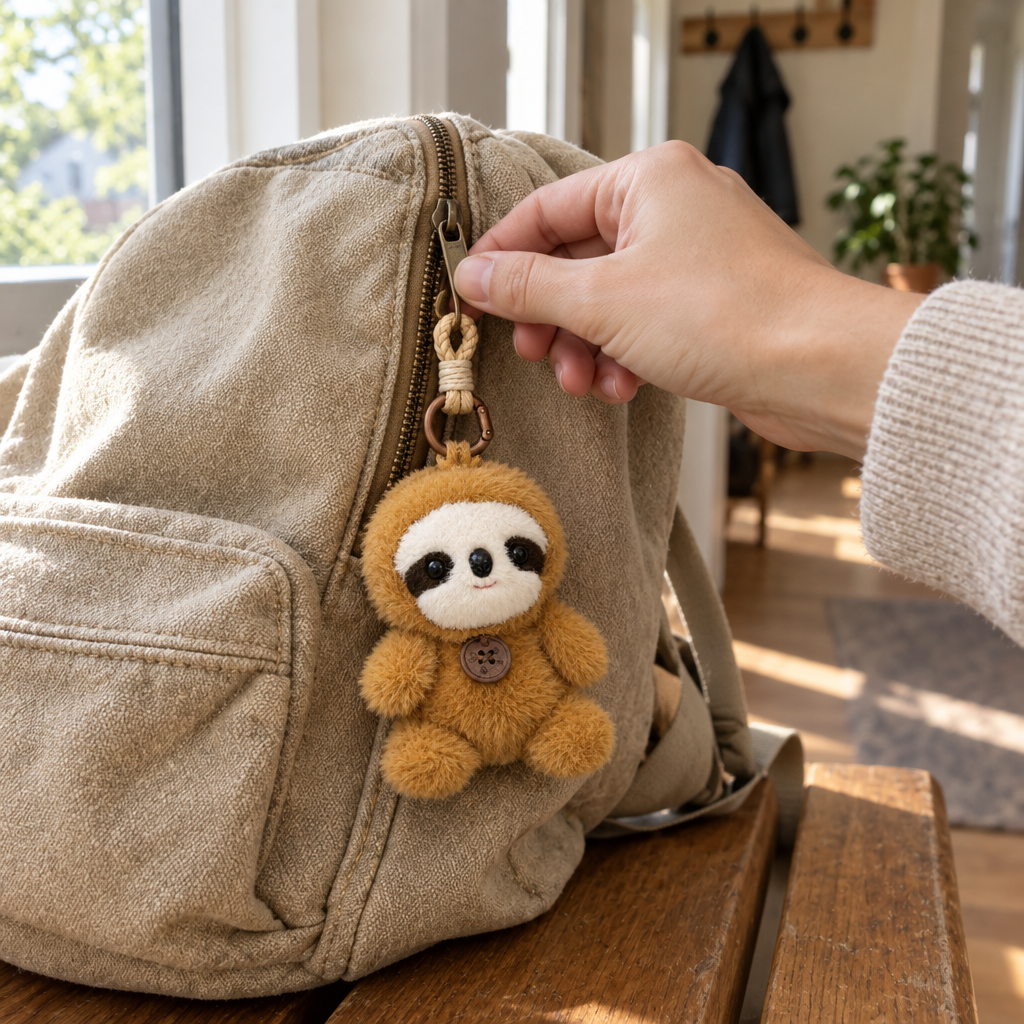 Sloth plush keychain clipped to a canvas backpack zipper