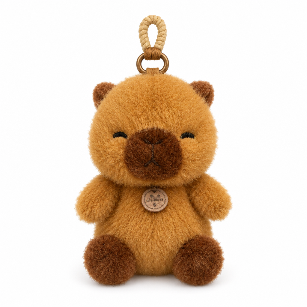 Fluffy capybara mini plush keychain on a white background