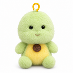 Fluffy green dino mini plush keychain with a yellow belly on a white background