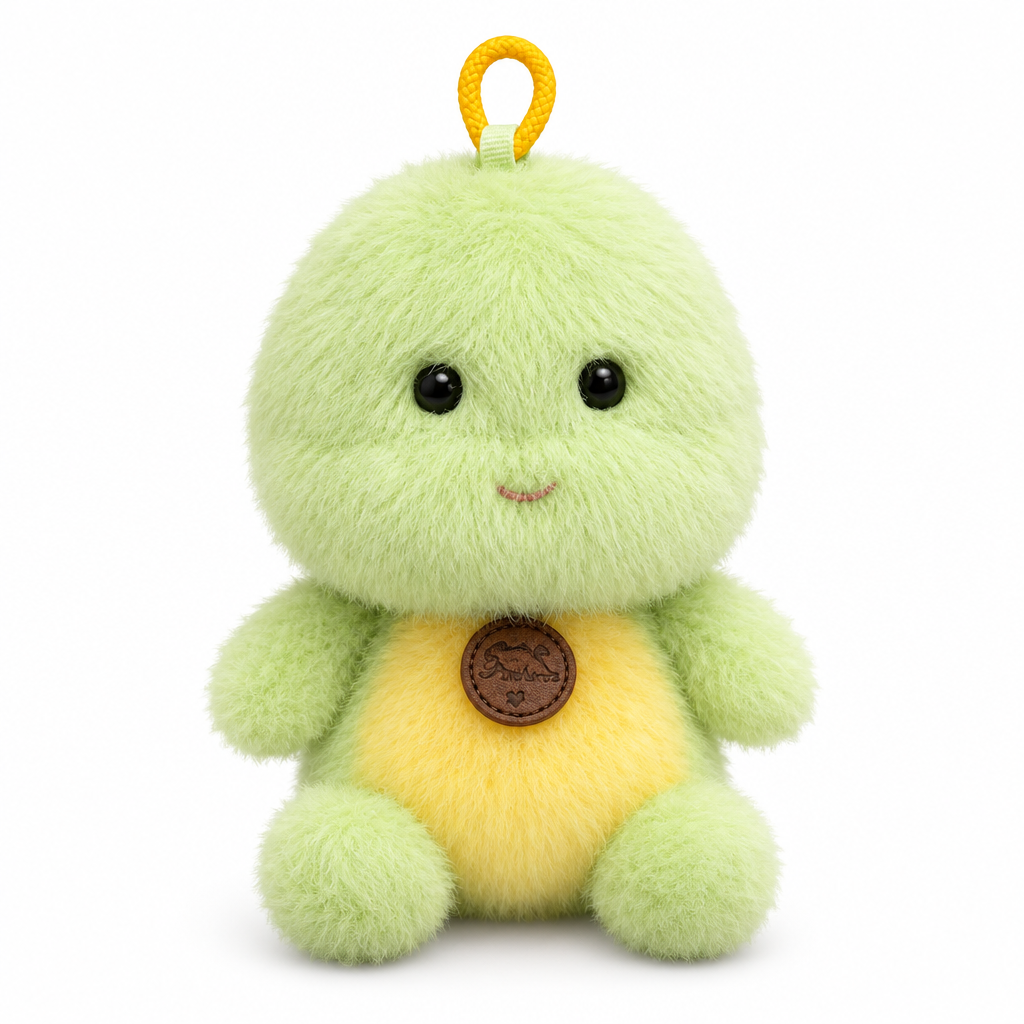Fluffy green dino mini plush keychain with a yellow belly on a white background