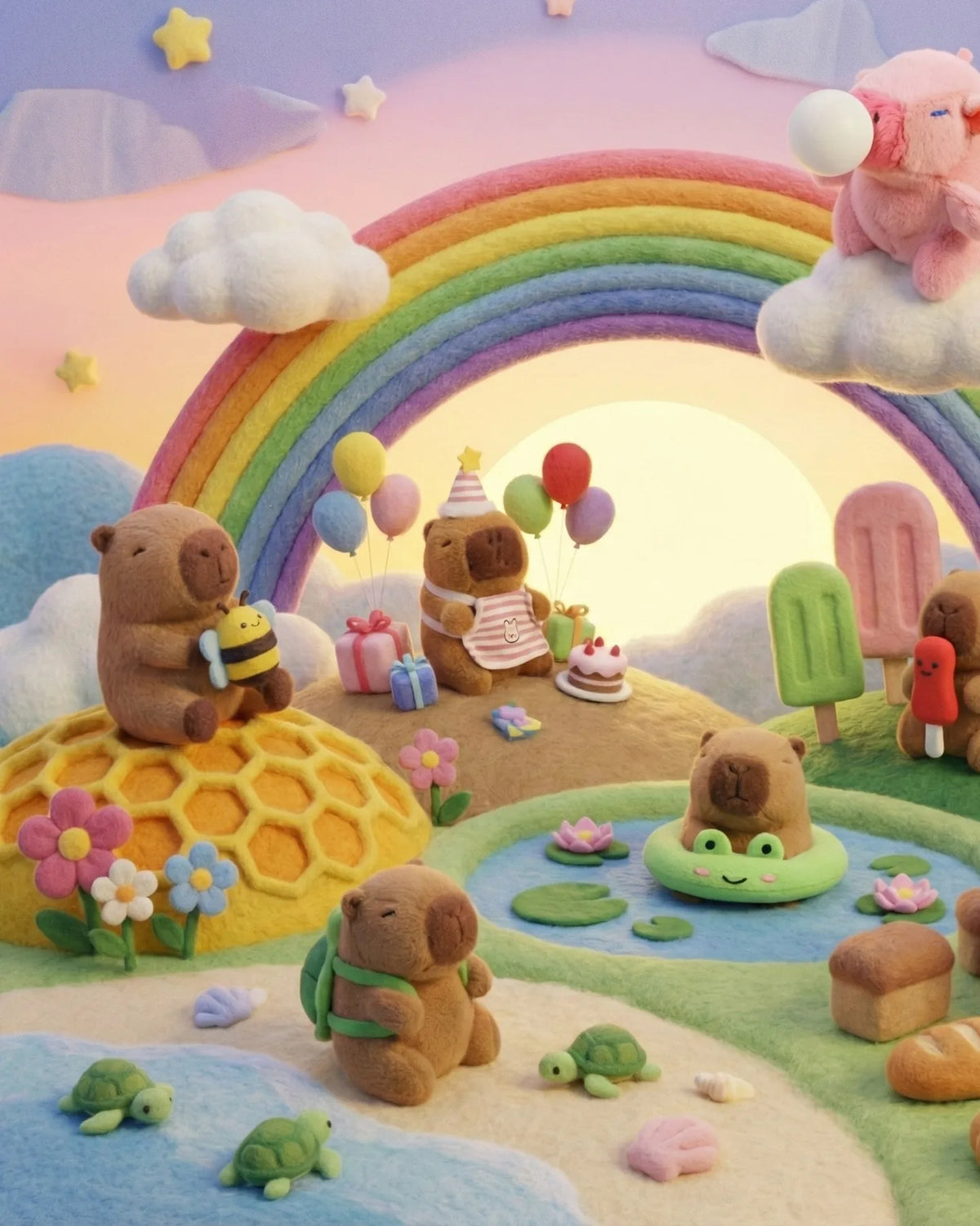 The Happy Capy friends playing in a felt rainbow valley
