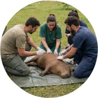 A veterinary team gently checks a capybara on a tarp in a park