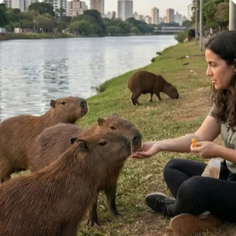 A Projeto CAPA volunteer feeding wild capybaras by the Pinheiros River in São Paulo