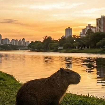 A capybara resting on a grassy riverbank at sunset, city skyline behind