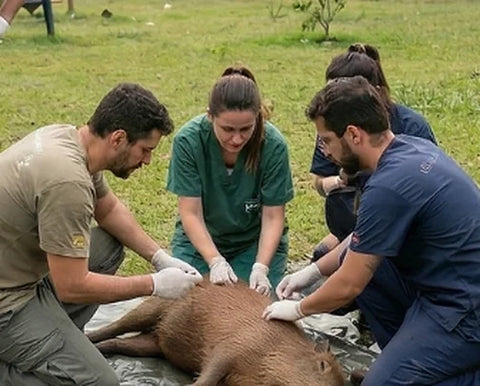 A veterinary team gently examines a capybara on a tarp in the grass