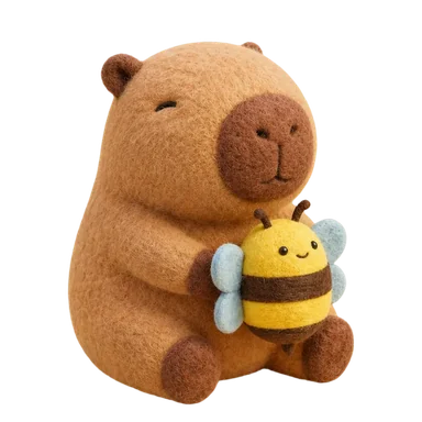 Honey, the Happy Capy friend hugging a felt bee