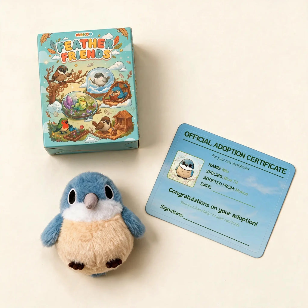 A Feather Friends blind box with Nilo the blue bird plush and its adoption certificate