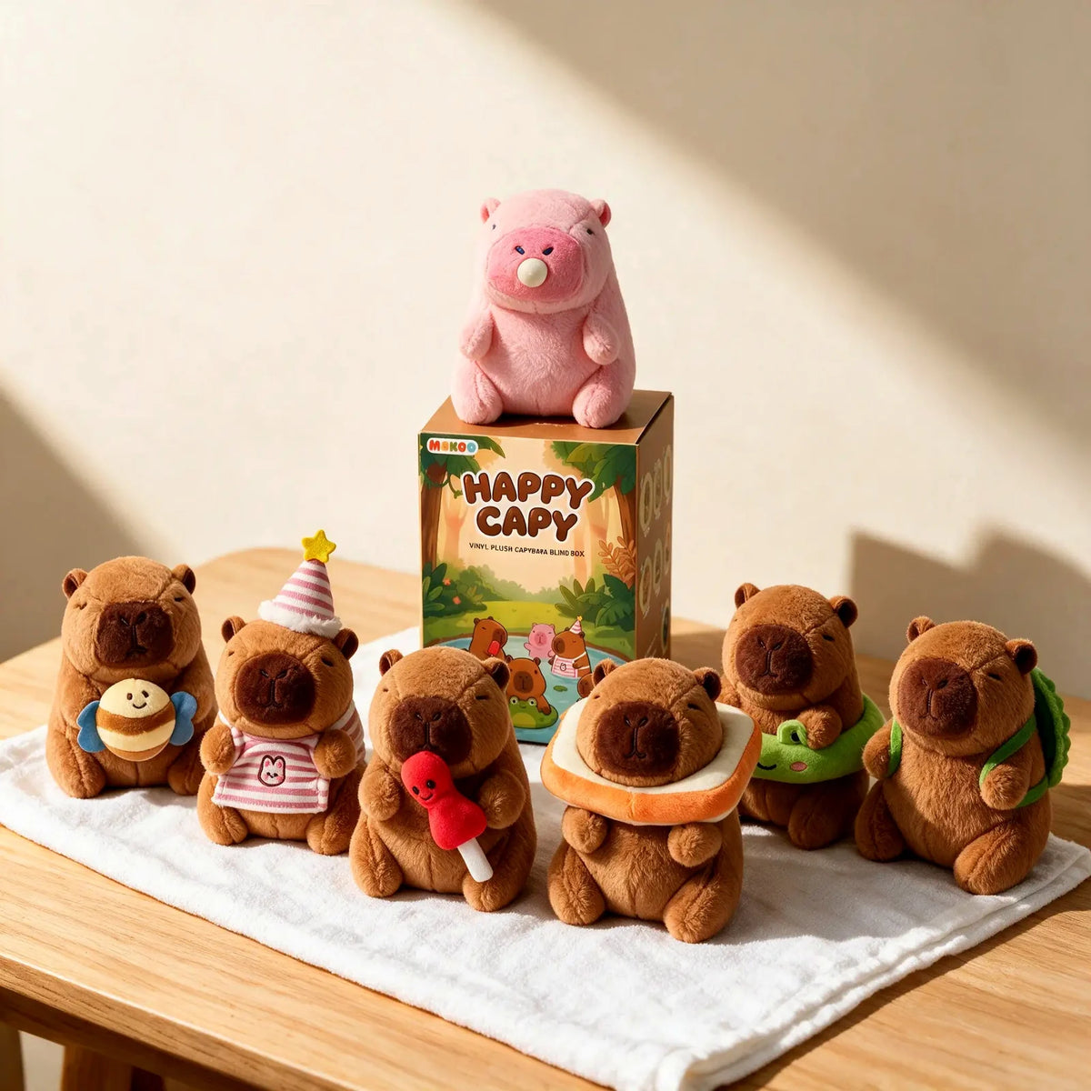MOKOO Happy Capy blind box with all seven capybara plush friends, the pink rare sitting on top of the box