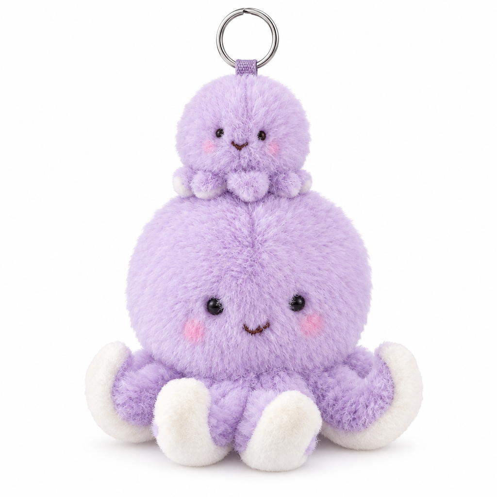 Lavender mom and baby octopus plush keychain on a white background
